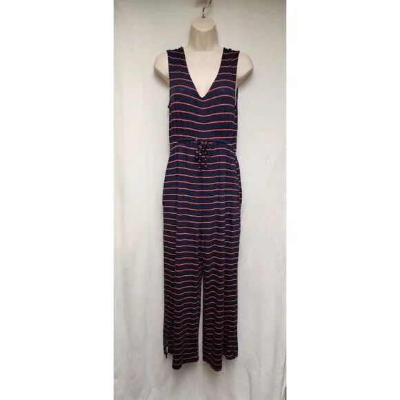 Maurices 24/7 Striped Navy Blue/Red Wide Leg Cropped Jumpsuit Size Small - Picture 2 of 7